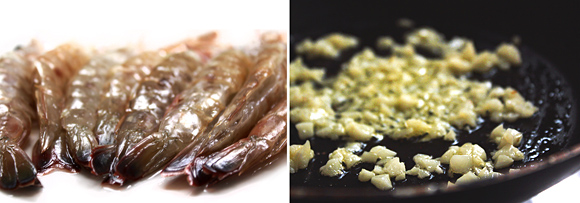 Camarão no alho e azeite com massa ao pesto